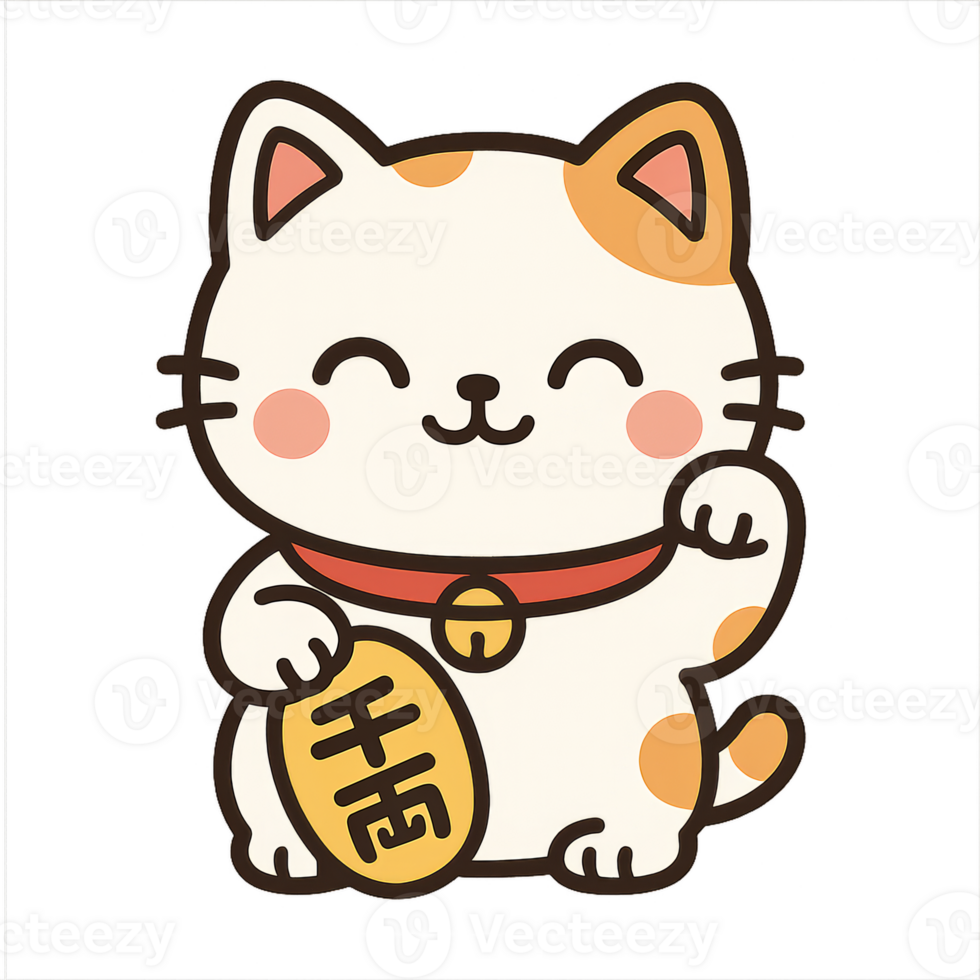 Cute Simple Maneki Neko Cat Illustration with Cheerful Expression png