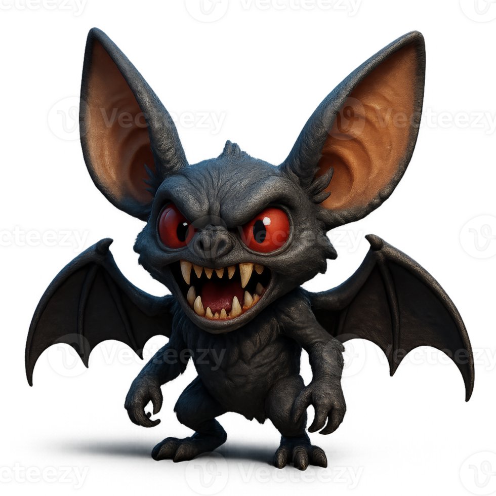 Cute Cartoon Bat Monster Design With Big Ears and Sharp Teeth png