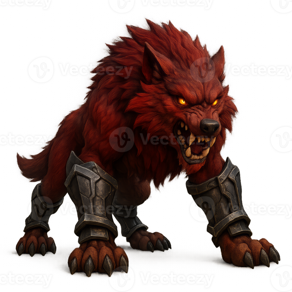 Fierce Armored Red Wolf in an Intricate Design with Dynamic Features png