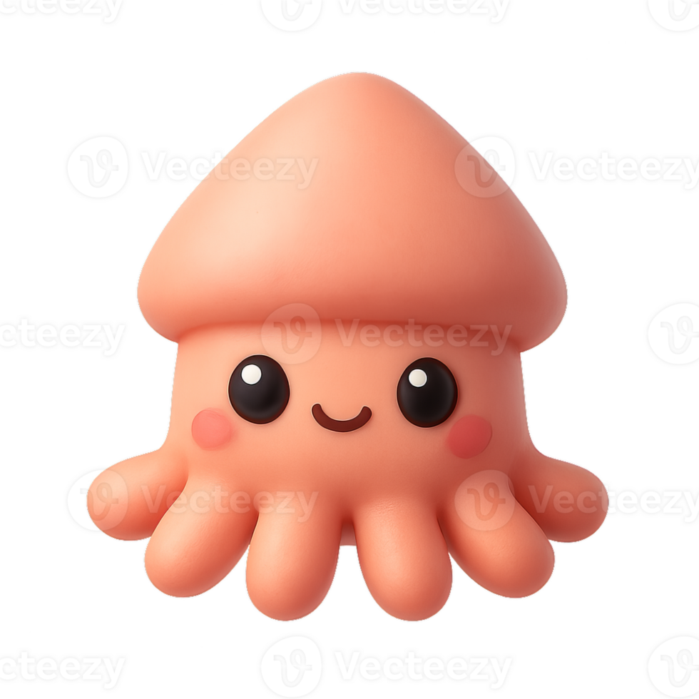 Cute 3D Kawaii Squid Character with Facial Features and Simple Design png