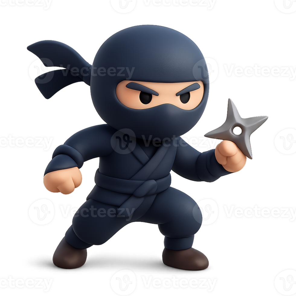 Simple 3D Ninja Character Holding Shuriken in Dynamic Pose png