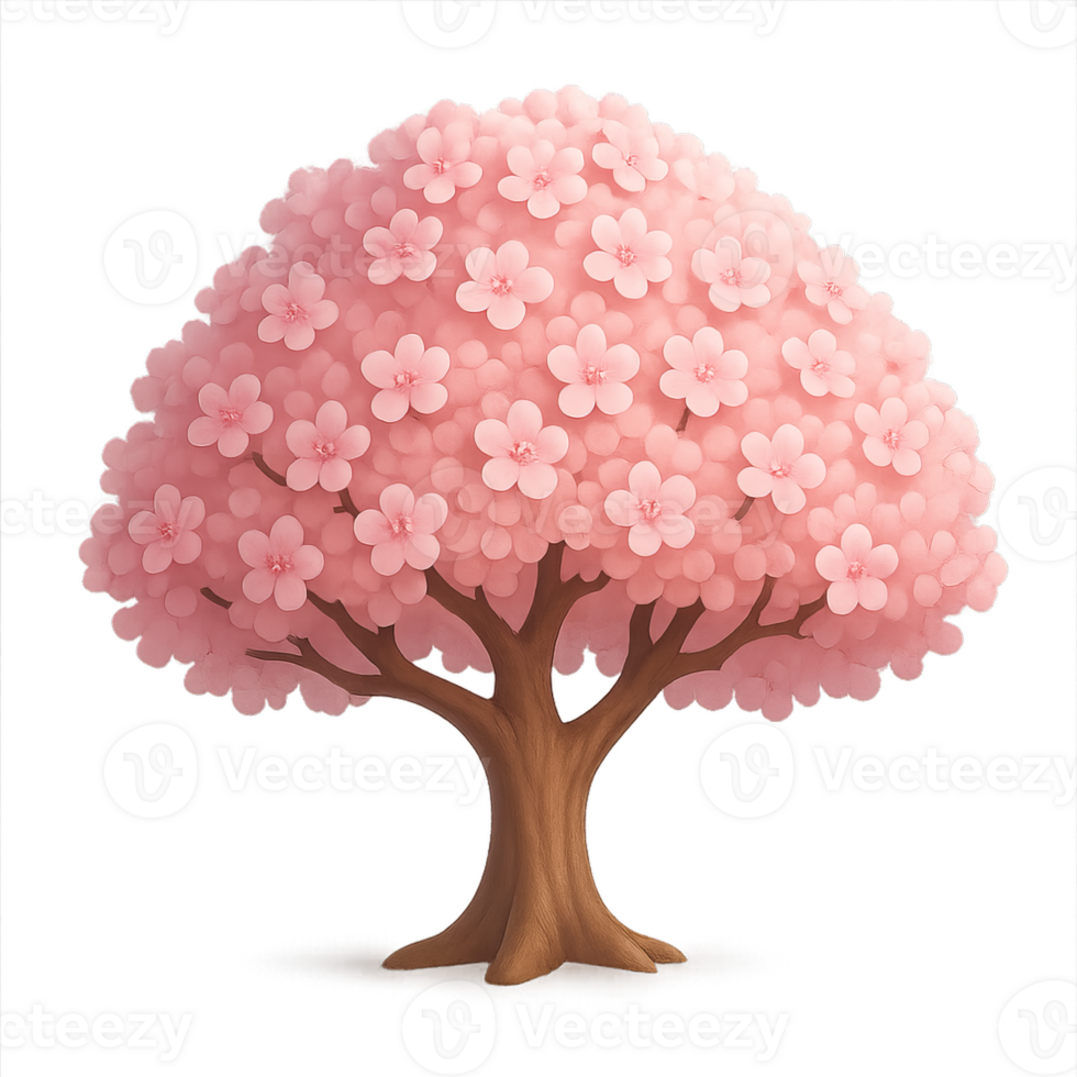 3D Simple Cherry Blossom Tree with Pink Flowers and Green Leaves png