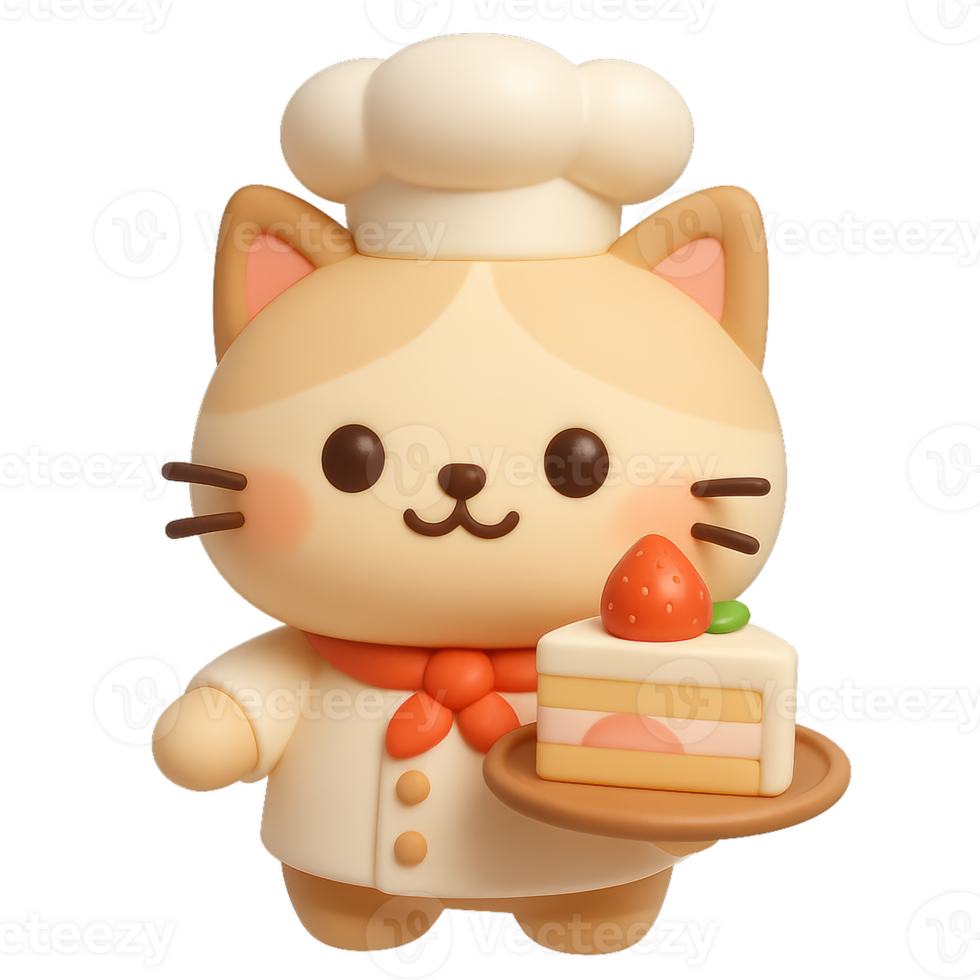 Cute Cat Chef Holding a Delicious Dessert Plate with Strawberry png
