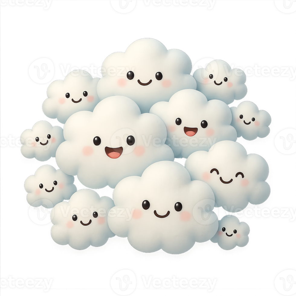 Cute Kawaii Clouds with Happy Faces in a Cheerful Composition png