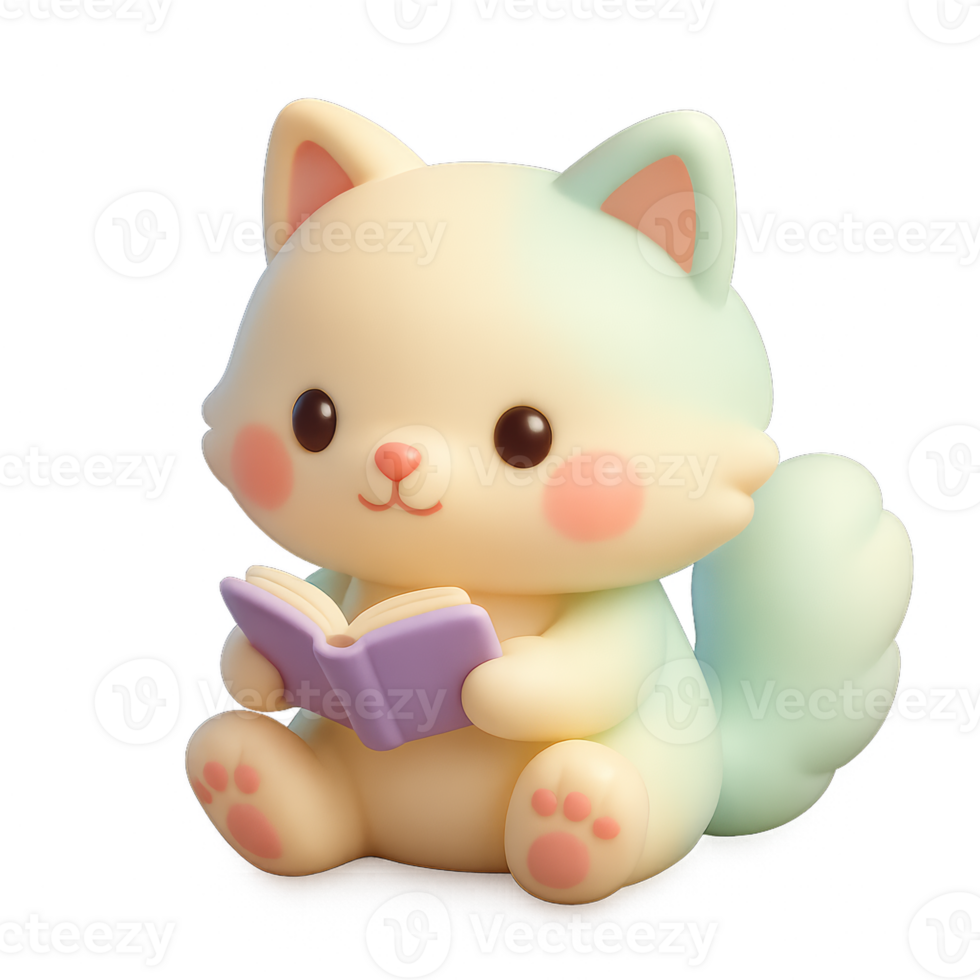 Adorable Kawaii Cat with Pastel Colors Reading a Book png
