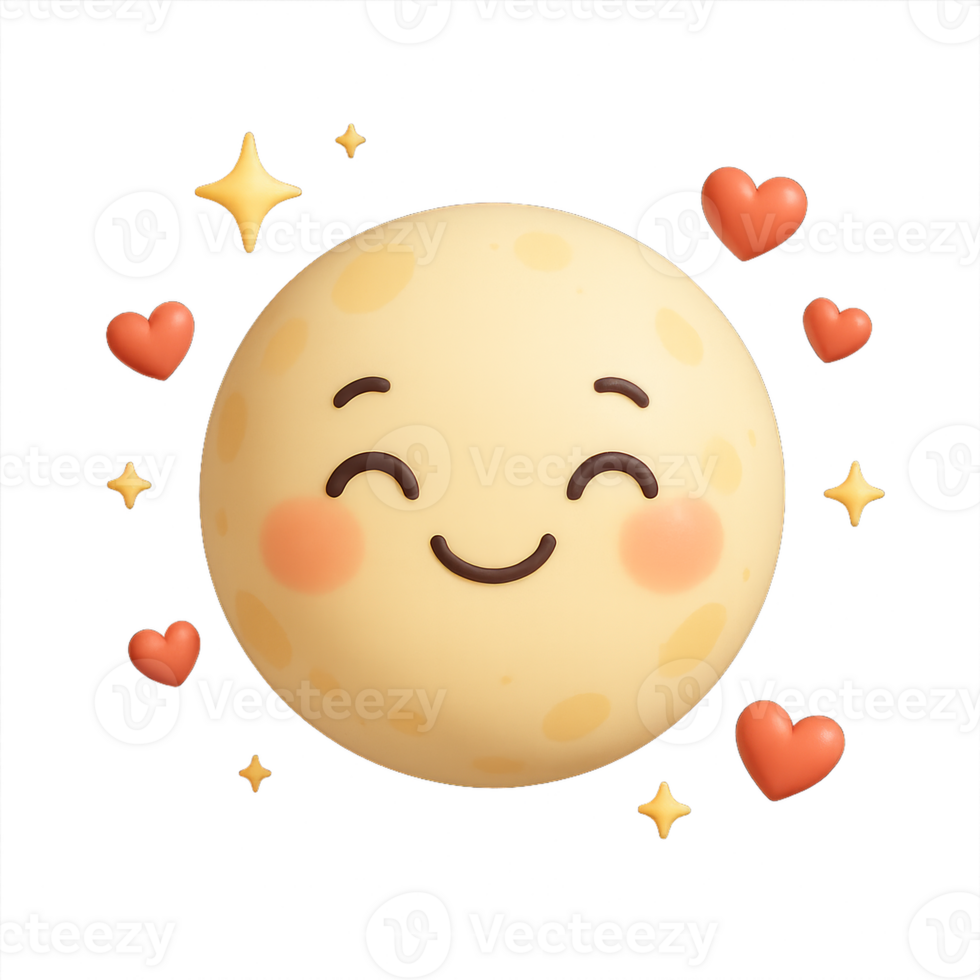Kawaii Moon Character in Dreamy Background with Hearts and Stars png