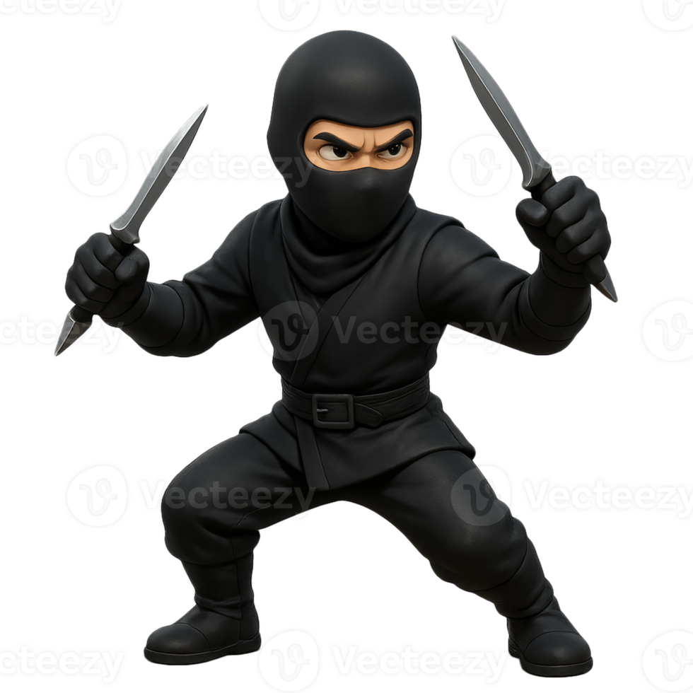 Ninja Warrior with Knives Preparing for Action in Dynamic Pose png
