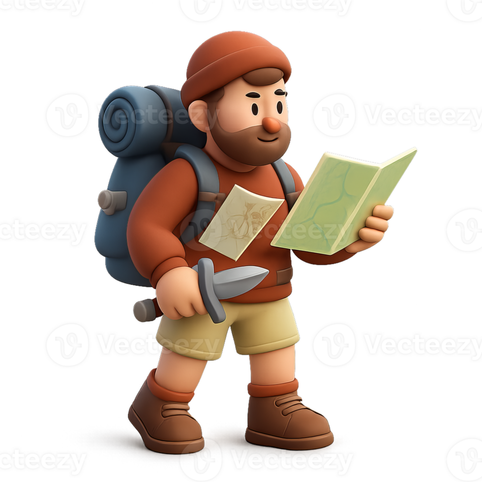 3D Cartoon Hiker with Gear Preparing for Adventure in Nature Scene png