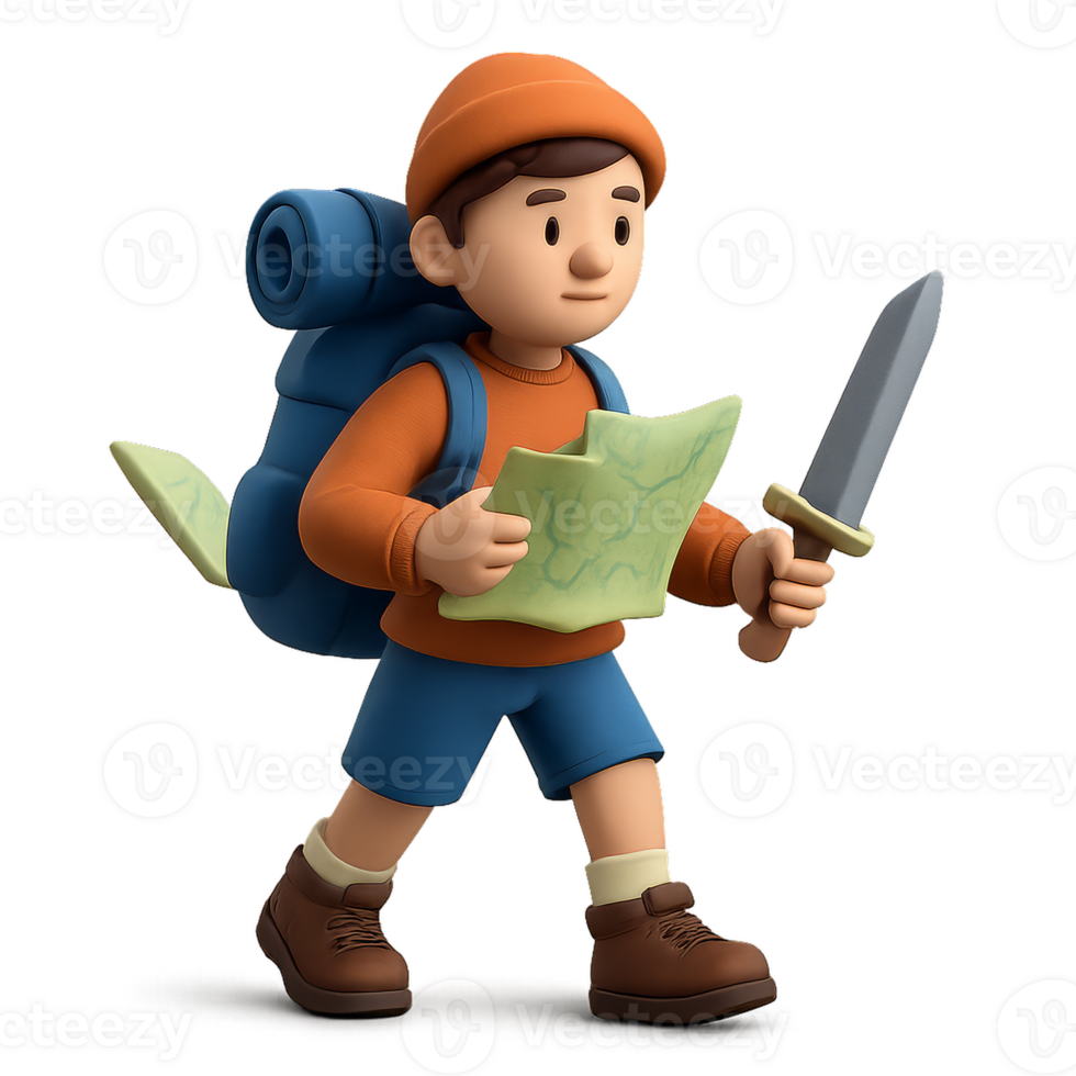 Hiker with Map and Sword Embarking on a Simple Adventure in 3D png