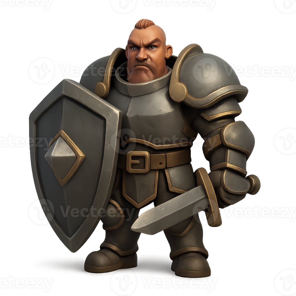 Strong Warrior in Armor with Shield and Sword Ready for Battle png