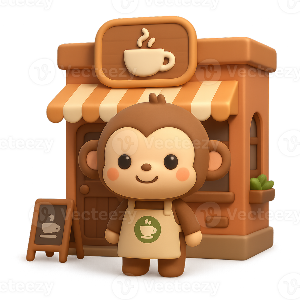 Cute Cartoon Monkey at a Charming Coffee Shop in Kawaii Style png