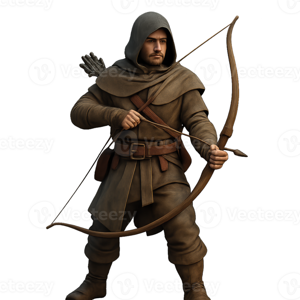 Hooded Archer Ready for Adventure in Dynamic Pose and Detail png