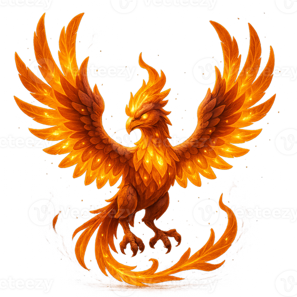 Majestic Phoenix Rising with Fiery Feathers and Mystical Aura png