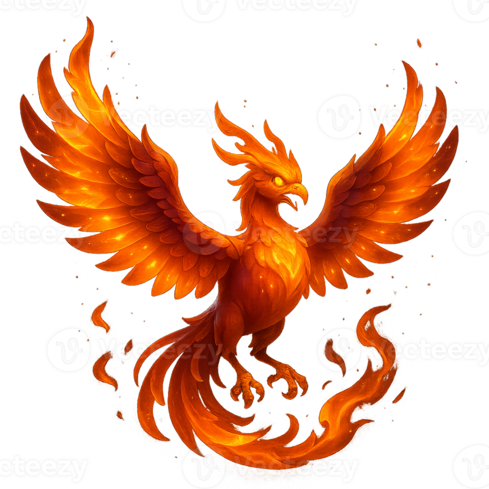 Mystical Phoenix Rising from Flames in Vibrant Colors png