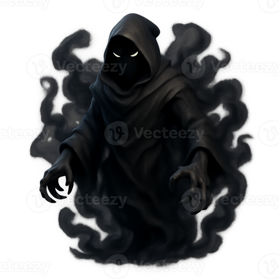 Mysterious Shadowy Hooded Figure Emerging from Dark Mist png