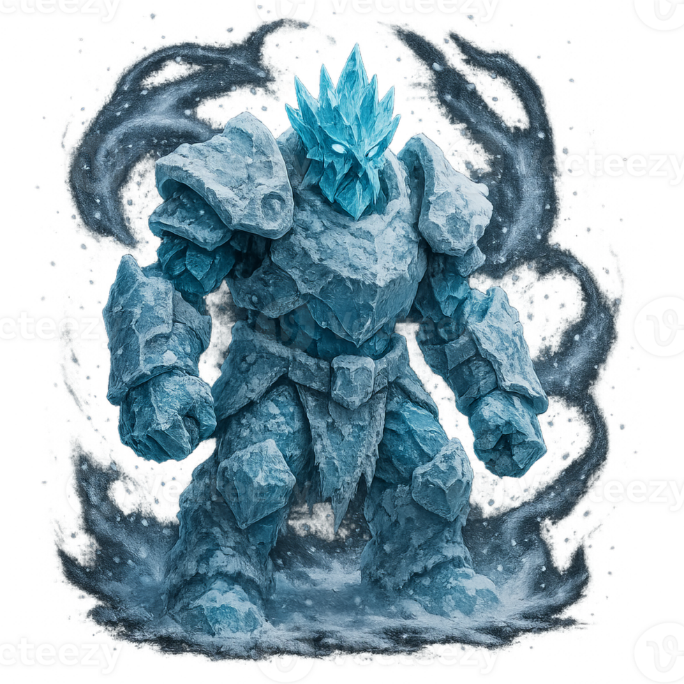 Ice Elemental Warrior in Armor with Glowing Crystals png