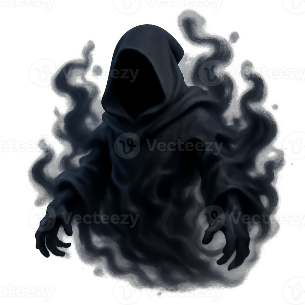 Mysterious Hooded Figure Surrounded by Shadowy Mist png