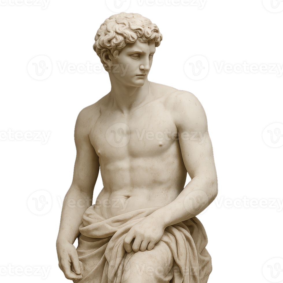 Classical Marble Sculpture of a Young Male Figure in Thoughtful Pose png
