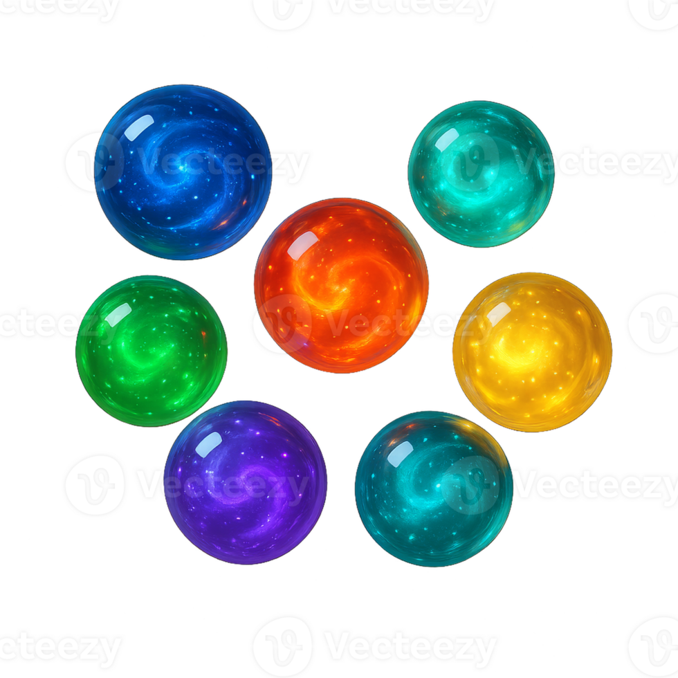 Colorful 3D Magic Marbles with Swirling Patterns on a Black Background png