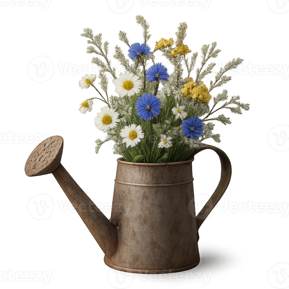 Rustic Floral Arrangement in Vintage Watering Can with Wildflowers png