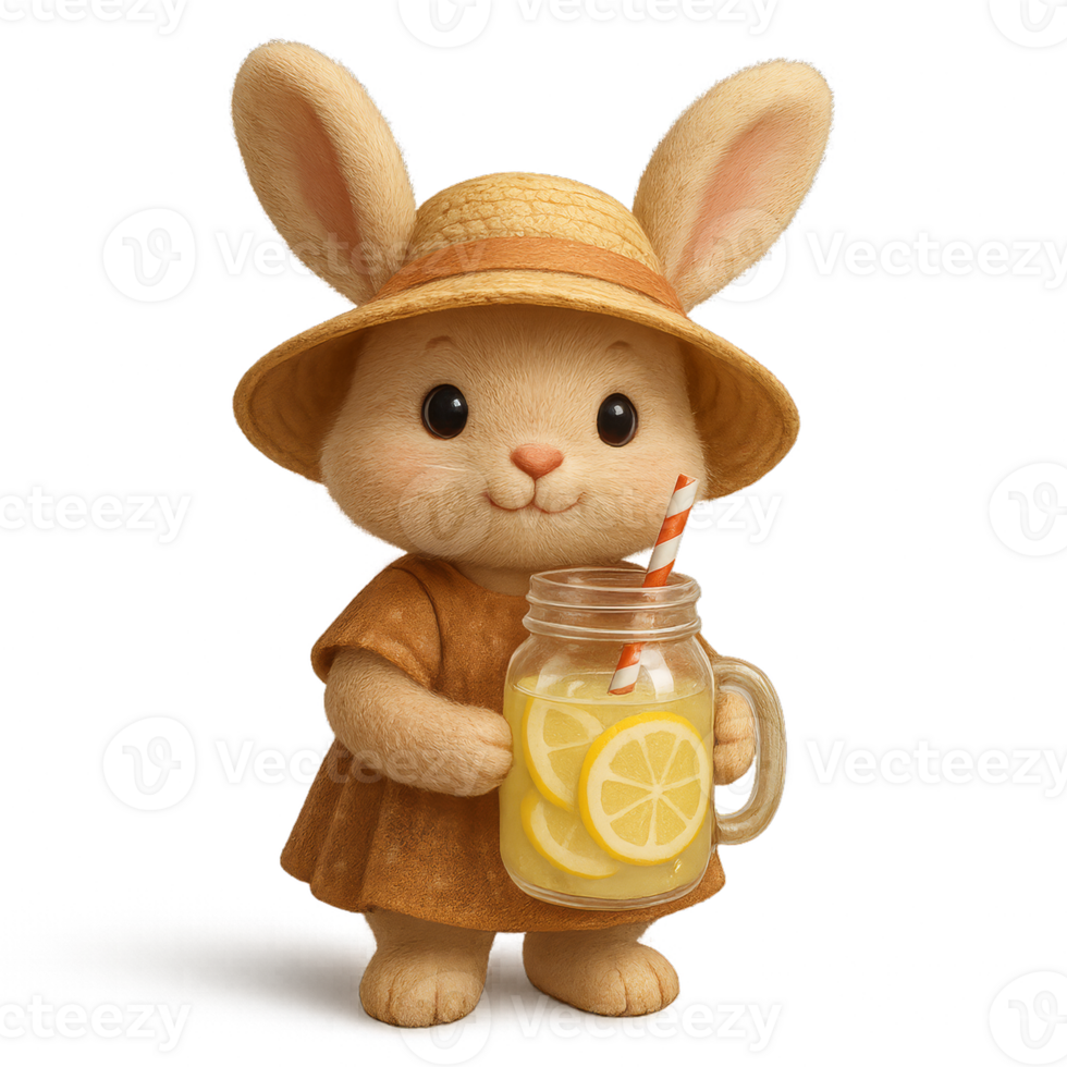Cute Bunny in a Summer Hat with Lemonade Refreshment Drink png