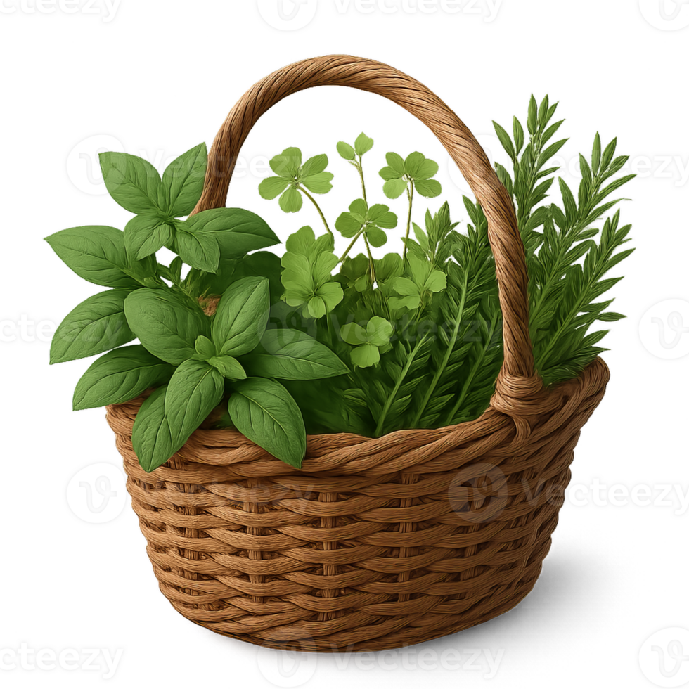 Fresh Herbs in a Woven Basket for 3D Garden Decoration png