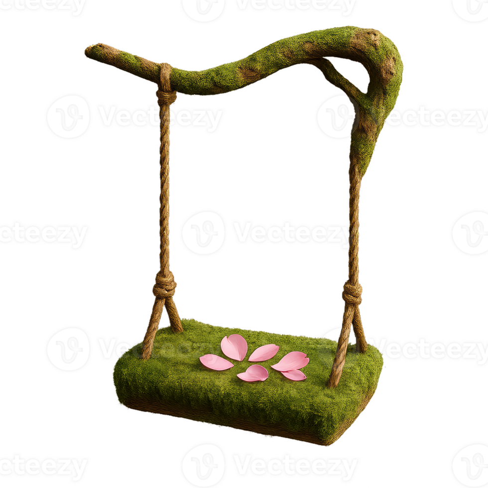 Mossy Swing Adorned with Delicate Petals for Relaxing Nature Vibes png