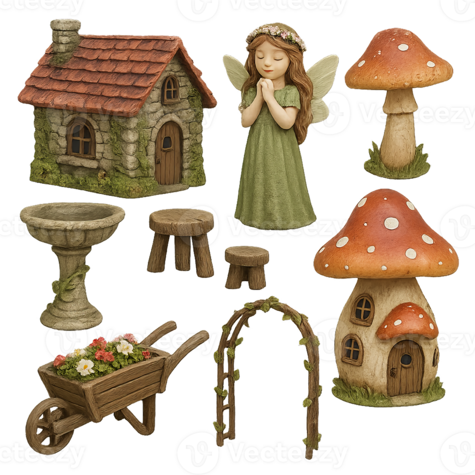 Enchanted Fairy Garden with Cottage and Whimsical Elements png