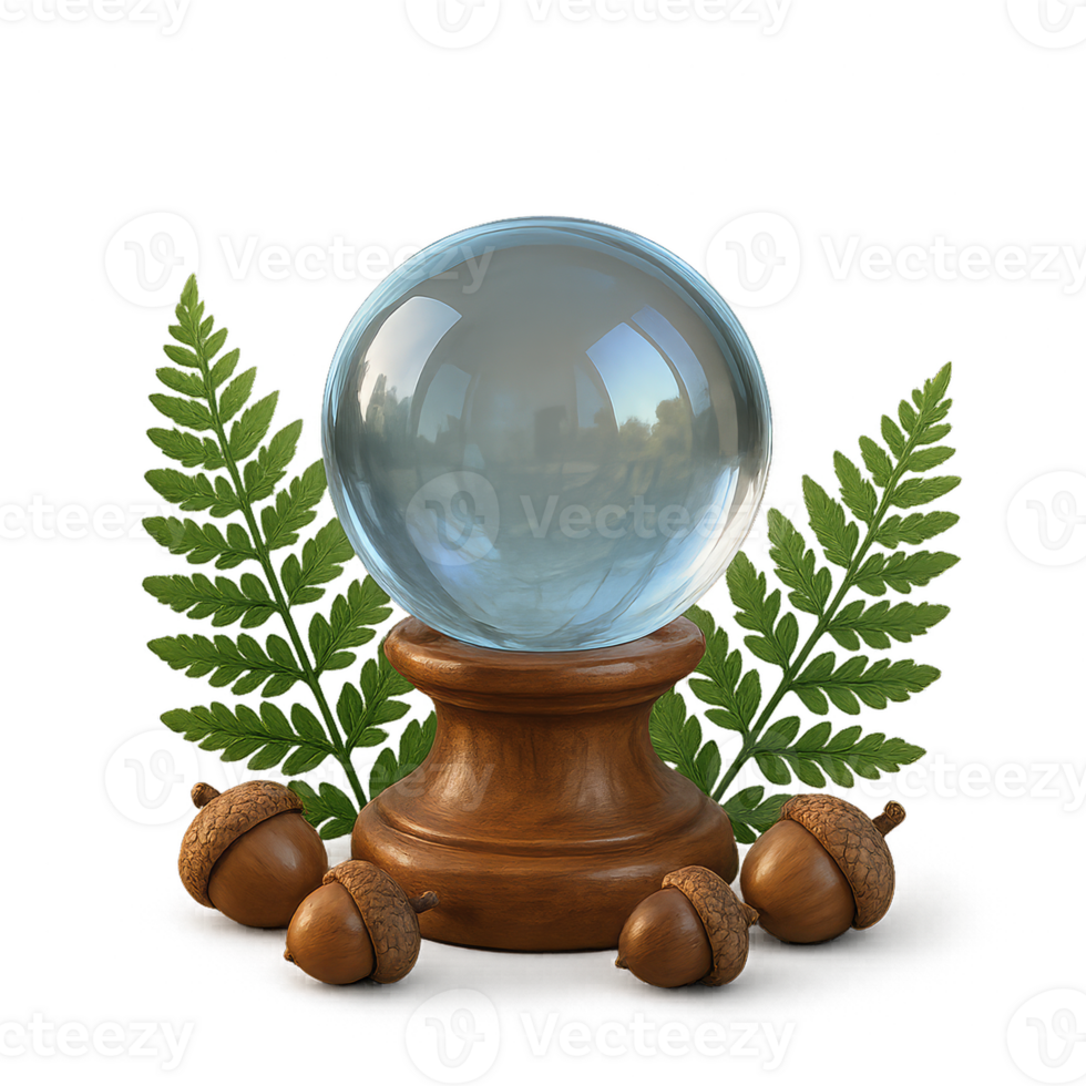 Crystal Orb Display with Ferns and Acorns on a Dark Background png