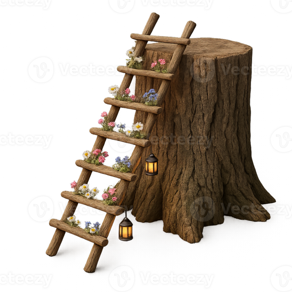 Rustic Ladder with Flowers and Lanterns on Tree Stump in Fantasy Setting png