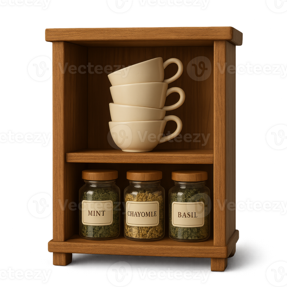 Minimalist 3D Cupboard with Teacups and Herb Jars Displayed png