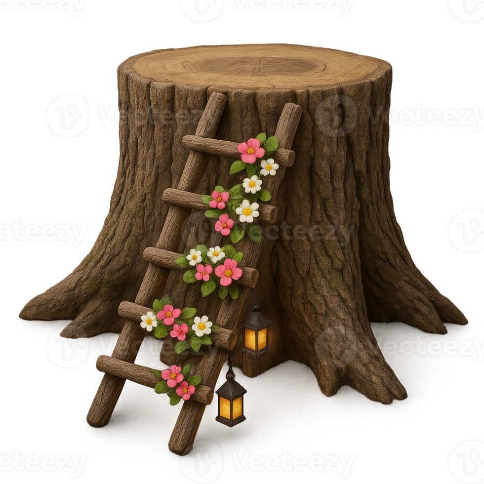 Rustic Fantasy Ladder Adorning Tree Stump with Flowers and Lanterns png