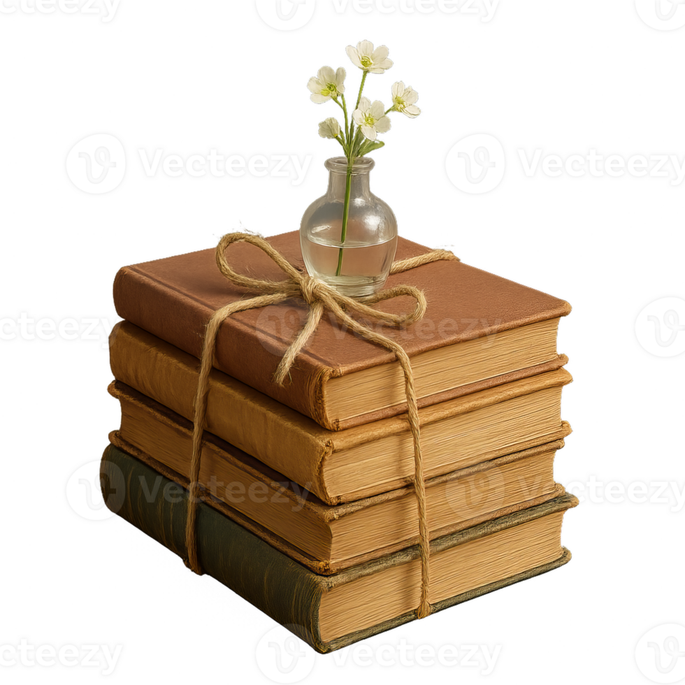Elegant Arrangement of Books with Simple Floral Decoration png