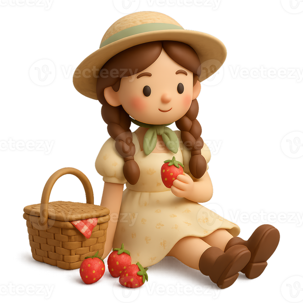 Cute Girl Enjoying Strawberries on a Spring Picnic Scene png