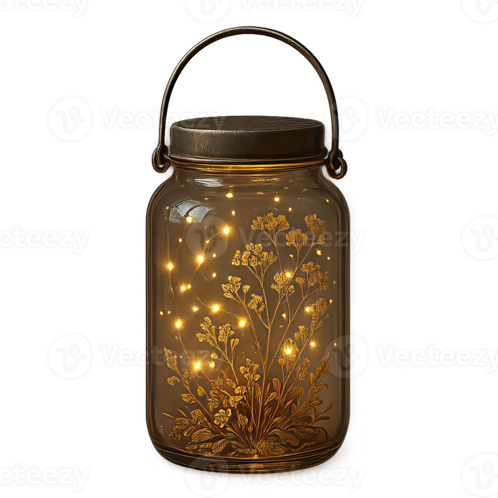 Illuminated Glass Jar Lantern with Firefly Inspired Design png