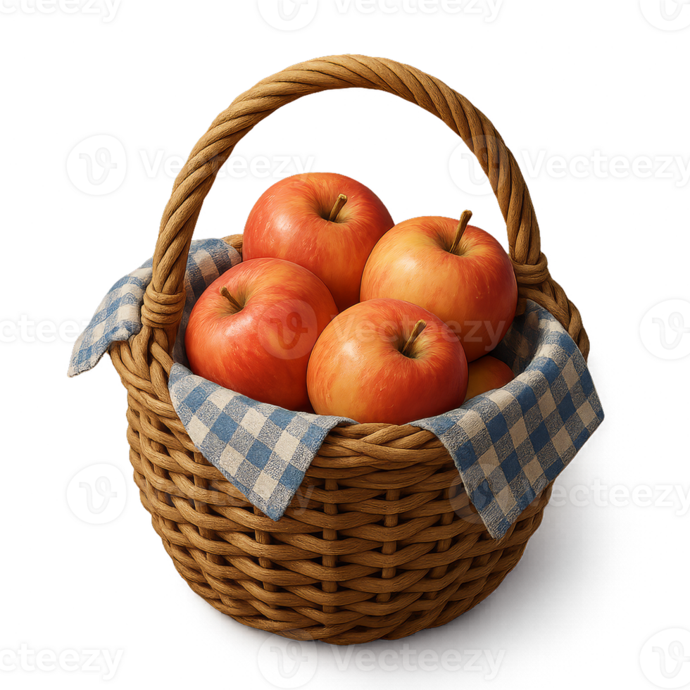 Fresh Red Apples in a Woven Basket with Checkered Cloth Decoration png