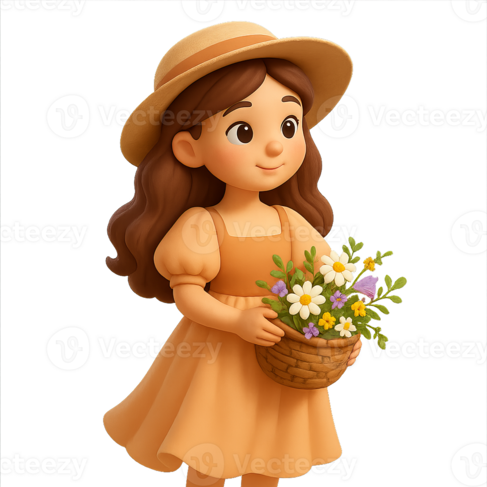 Charming Girl in a Sun Hat with Flower Basket in a Cottagecore Setting png