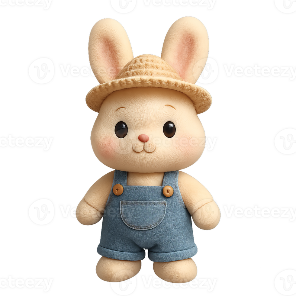 Cute Bunny Character in a Straw Hat and Denim Overalls png