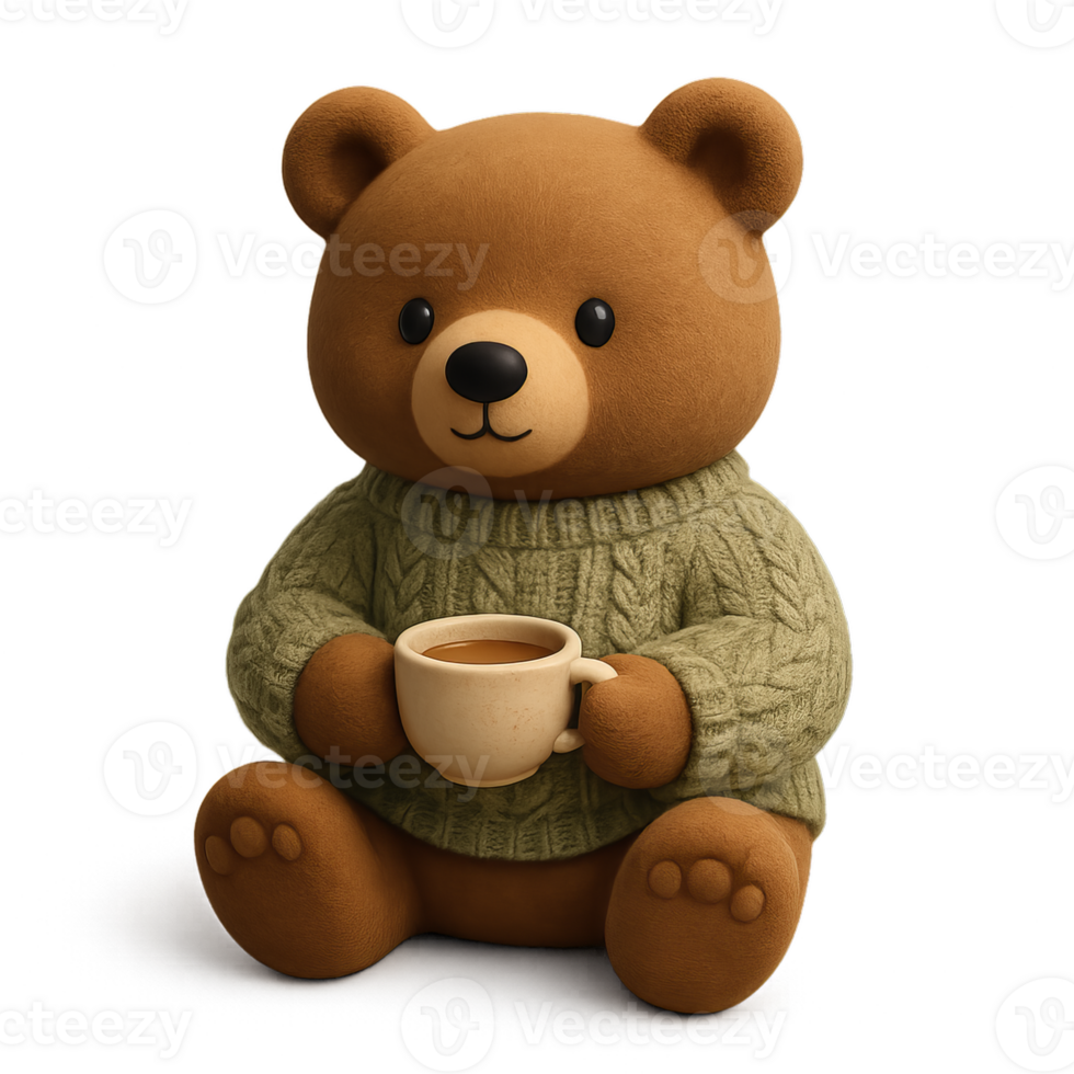 Cozy Bear in Warm Sweater Enjoying a Cup of Tea at Home png