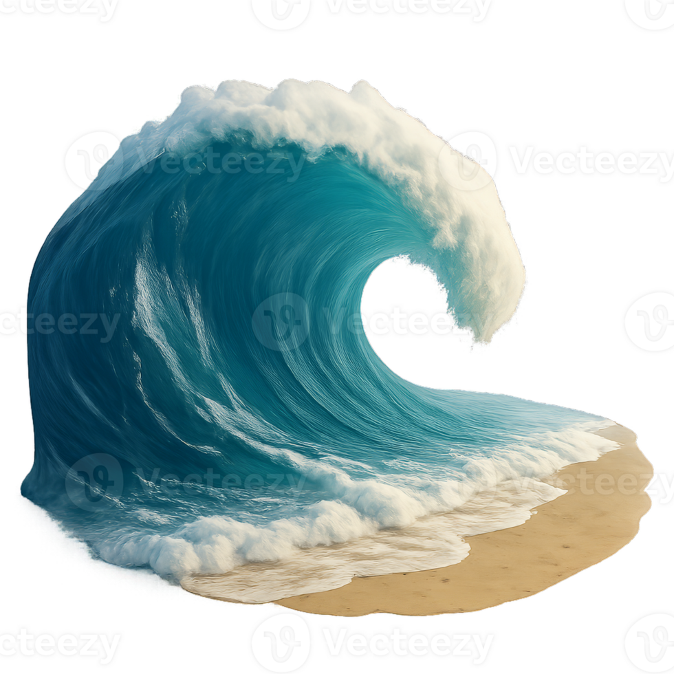 Majestic Giant Wave Crashing on Sandy Beach Under Clear Sky png