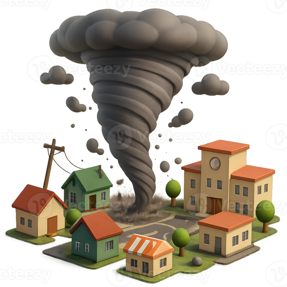3D Tornado in a Simple Town Landscape with Colorful Houses png
