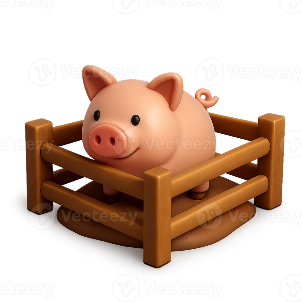 Cute 3D Cartoon Pig in a Wooden Pen on a Simple Ground Surface png
