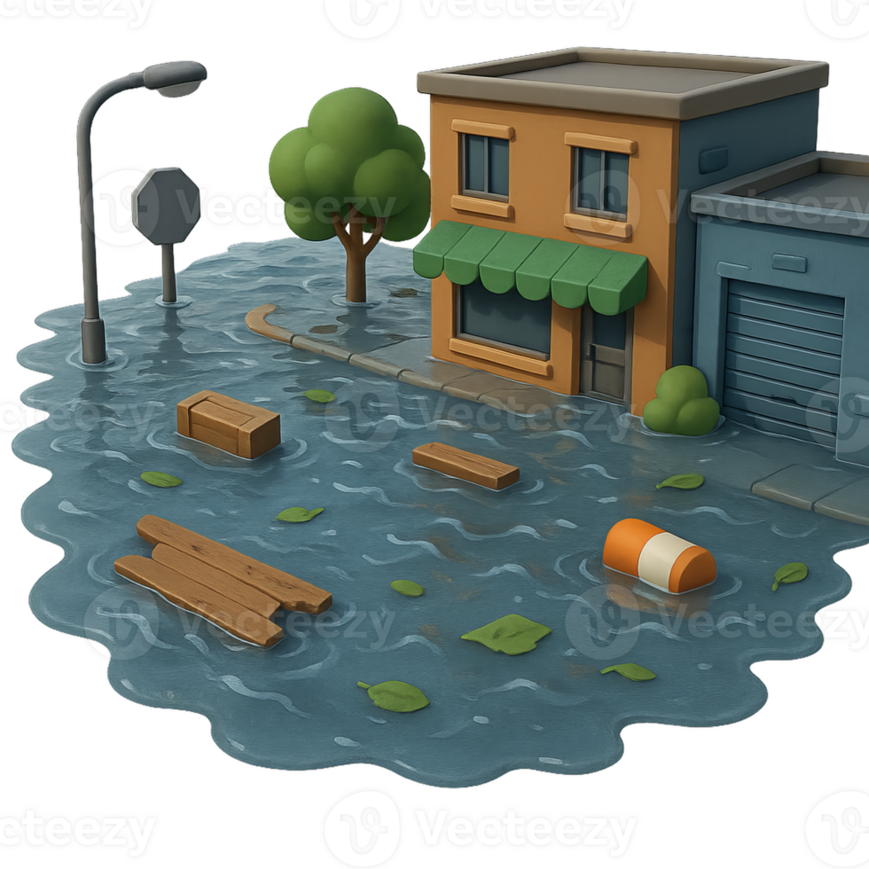 Floating Debris in Urban Flood Scene with Buildings and Trees png