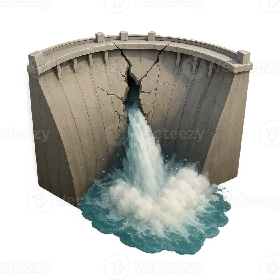 Cracked Dam with Water Release and Splashes in a Dramatic Scene png