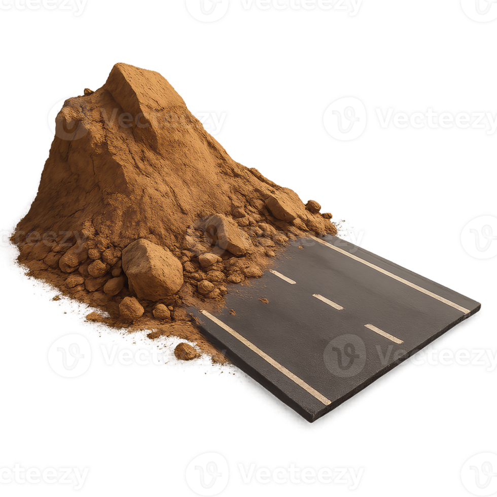 Realistic 3D Road Landslide Scene with Rocks and Soil png