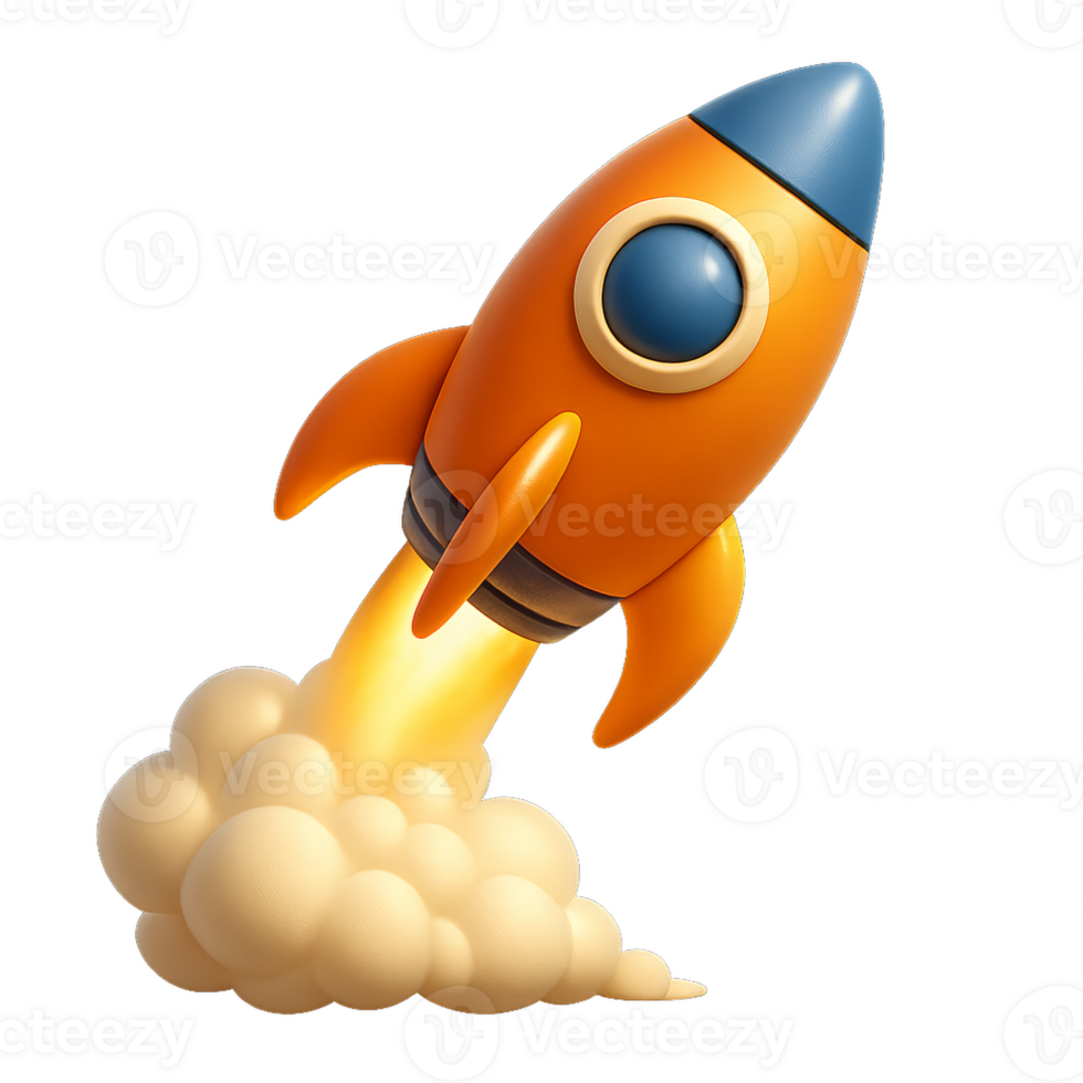 Colorful 3D Rocket Launching with Clouds and Flames Background png