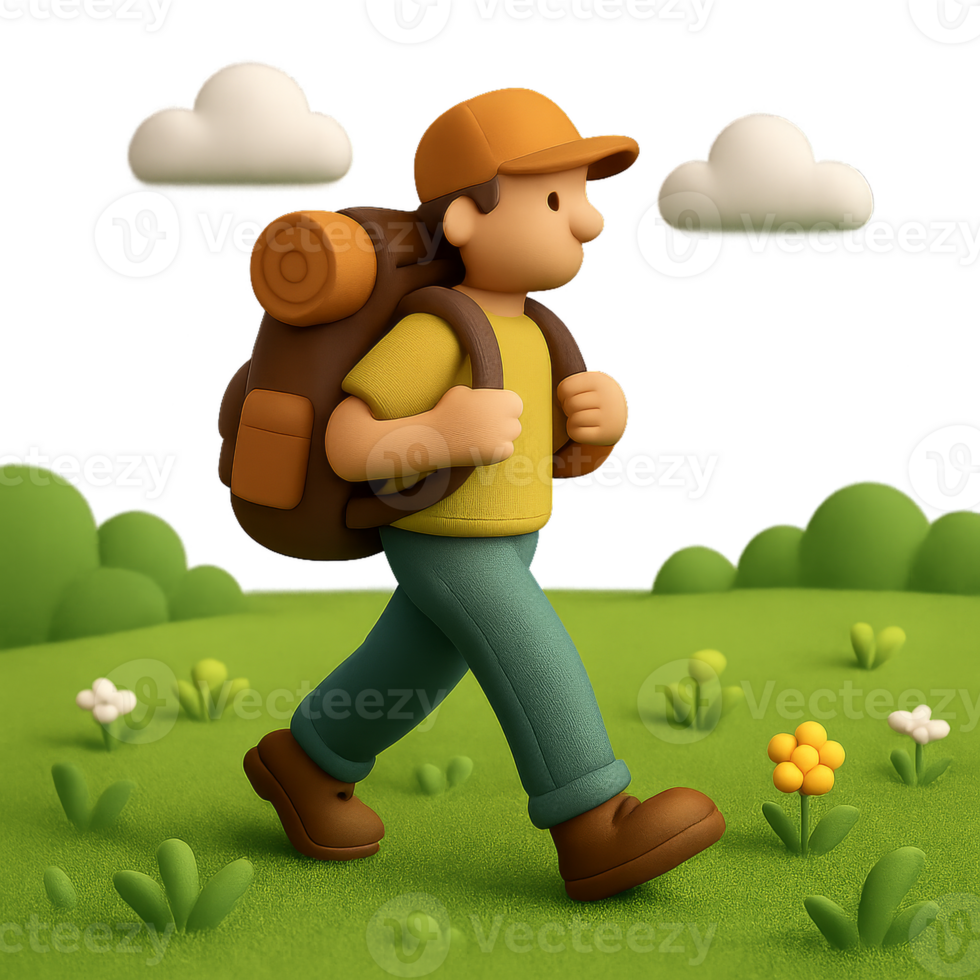 Backpacker Walking Through a Green Meadow With Simple Design Elements png