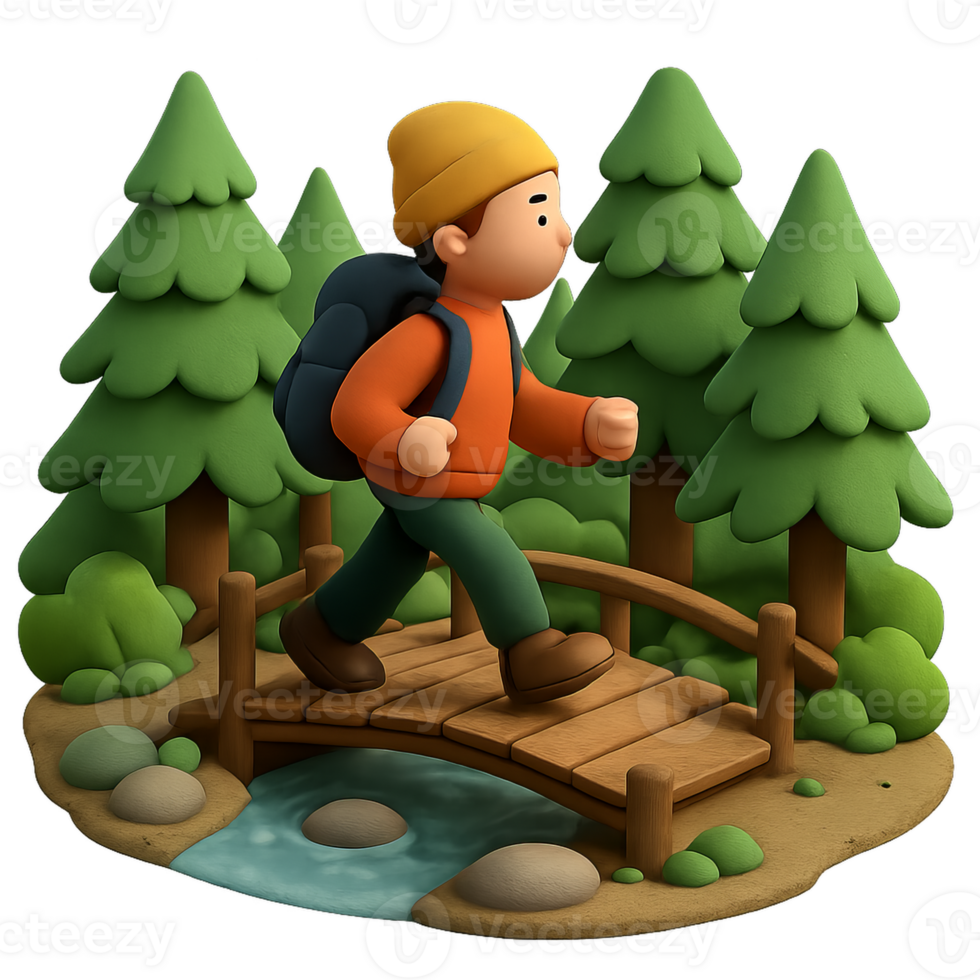 Hiker Crossing Bridge in Forest Surrounded by Lush Green Trees png