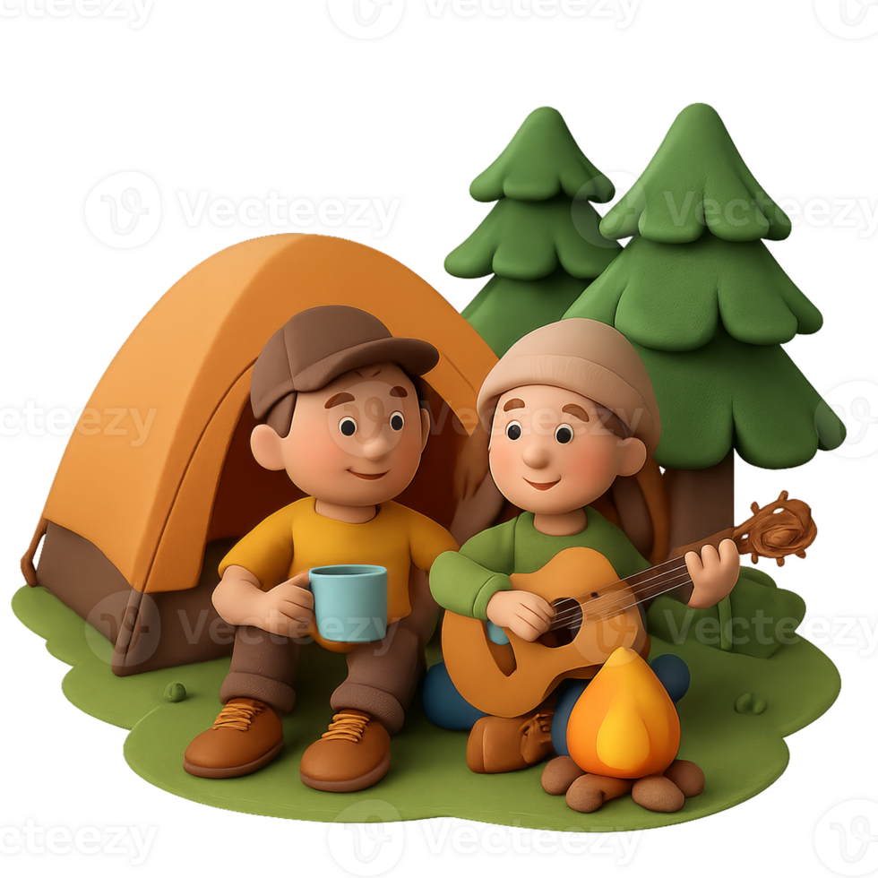 Happy Couple Enjoying Camping in Forest with Tent and Campfire png