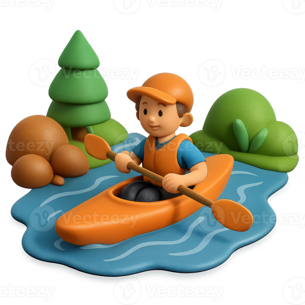 3D Kayaker Enjoying Adventure on Calm Water in a Natural Setting png